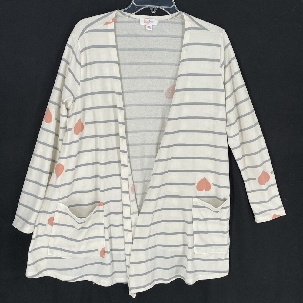 LulaRoe Caroline Cardigan Size Medium Beige Grey Stripes Pink‎ Hearts Teacher